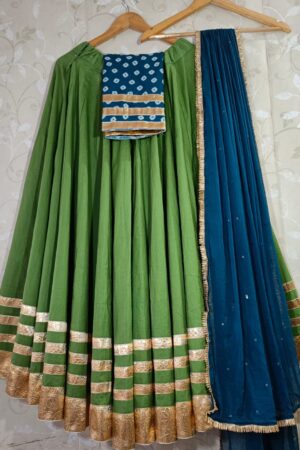 Green Flex Dhabu Lehenga Choli with Bandhej Print Blouse & Sequin Chiffon Dupatta