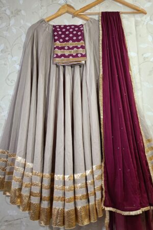 Grey Flex Dhabu Lehenga Choli with Bandhej Print Blouse & Wine Sequin Dupatta