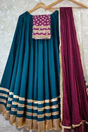 Teal Blue Lehenga Choli with Bandhej Blouse & Wine Sequin Dupatta