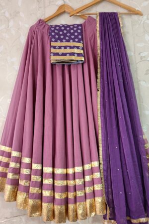 Dusty Rose Flex Dhabu Lehenga Choli with Bandhej Print Blouse & Purple Sequin Dupatta
