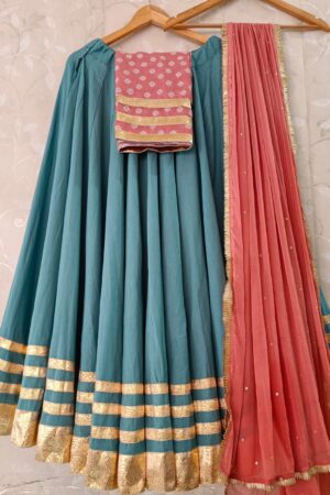 Teal Blue Flex Dhabu Lehenga Choli with Bandhej Print Blouse & Sequin Chiffon Dupatta