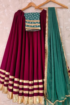 Maroon Flex Dhabu Lehenga Choli with Bandhej Print Blouse & Purple Sequin Dupatta