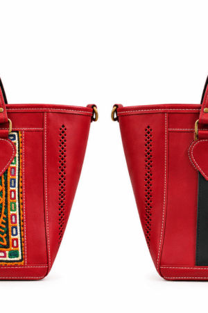 Red Embroidered Leather Tote Bag