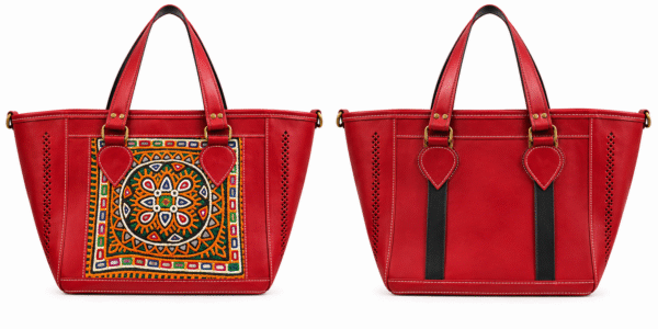 Red Embroidered Leather Tote Bag