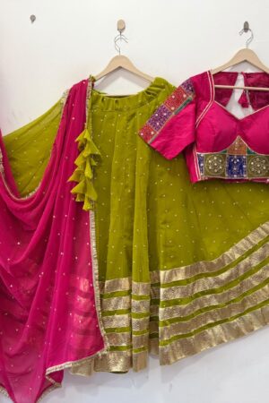 Olive Green & Pink Navratri Chaniya Choli Set