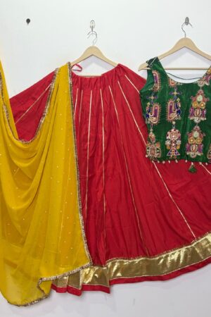 Navratri Special Red Lehenga Choli with Green Handwork Blouse