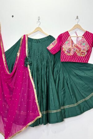 Navratri Special Bottle Green Lehenga Choli with Pink Dupatta