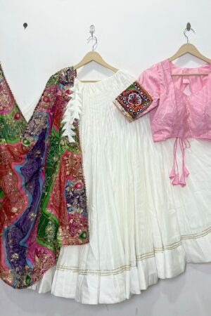 Navratri Special White Lehenga Choli with Multicolor Bandhani Dupatta